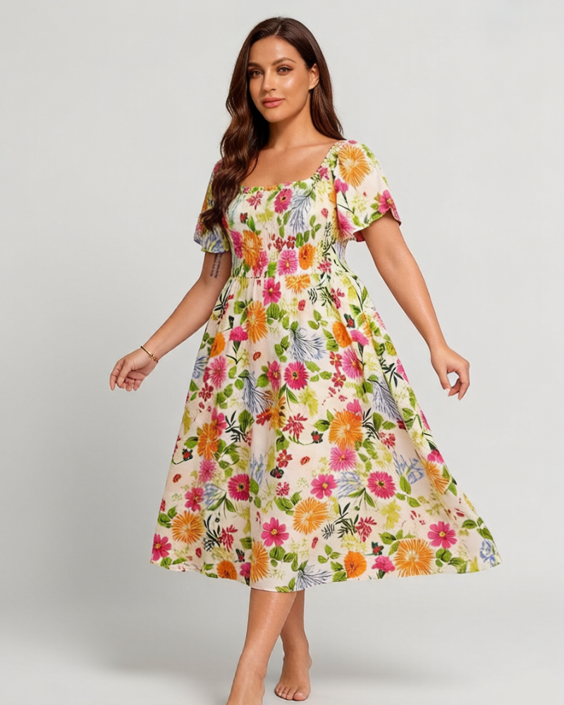 ⏰Soldes d'été : 70 % de réduction💃Robe midi à fleurs, col carré et smocks, avec poches
