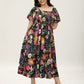 ⏰Soldes d'été : 70 % de réduction💃Robe midi à fleurs, col carré et smocks, avec poches