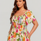 ⏰Soldes d'été : 70 % de réduction💃Robe midi à fleurs, col carré et smocks, avec poches