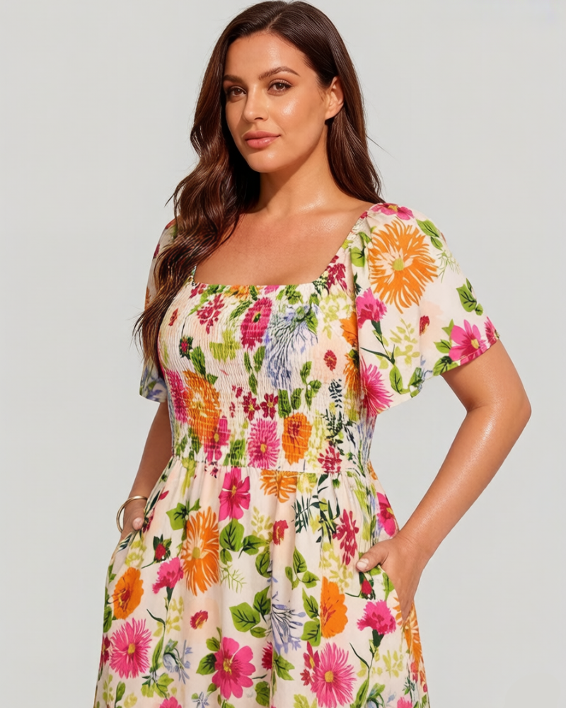 ⏰Soldes d'été : 70 % de réduction💃Robe midi à fleurs, col carré et smocks, avec poches