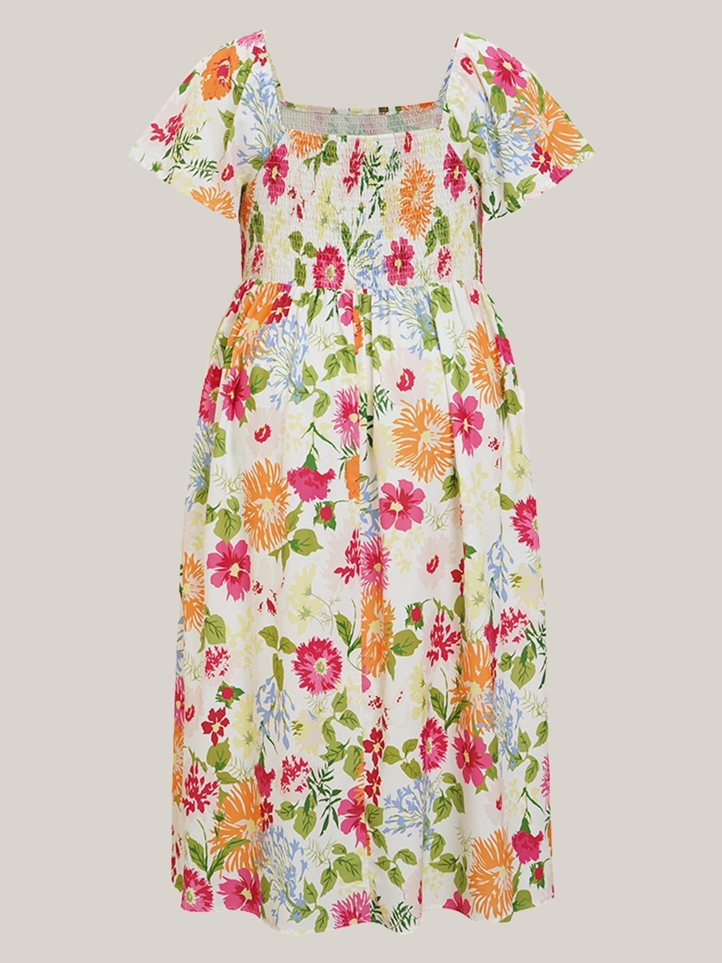 ⏰Soldes d'été : 70 % de réduction💃Robe midi à fleurs, col carré et smocks, avec poches