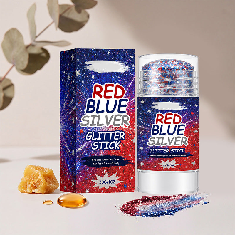 Bâtonnet à paillettes tout-en-un - Paillettes rouges, bleues et argentées