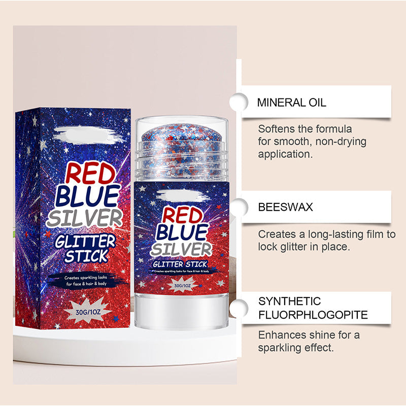 Bâtonnet à paillettes tout-en-un - Paillettes rouges, bleues et argentées