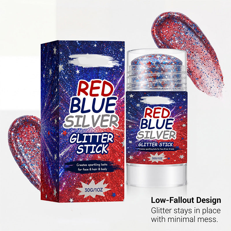 Bâtonnet à paillettes tout-en-un - Paillettes rouges, bleues et argentées