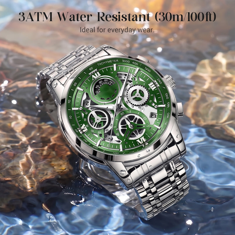 ⌚ -50% ! ✨ Montre de Sport Multifonction Étanche 3ATM – Acier Inoxydable & Mouvement Quartz – Cadran Squelette & Tachymètre pour Homme 🏁