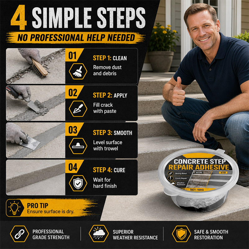 💞 PLUS DE 50 000 EXEMPLAIRES VENDUS ! 🔧🏠 50 % DE RÉDUCTION ! Colle de réparation pour marches en béton – Colle de manière permanente les marches et allées fissurées. Résistante aux intempéries : supporte la chaleur, le gel et la pluie! 🛡️✨
