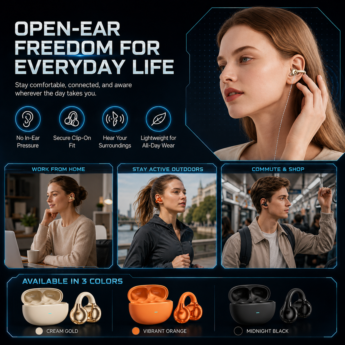 Écouteurs Bluetooth sans fil à clip et à oreille ouvert