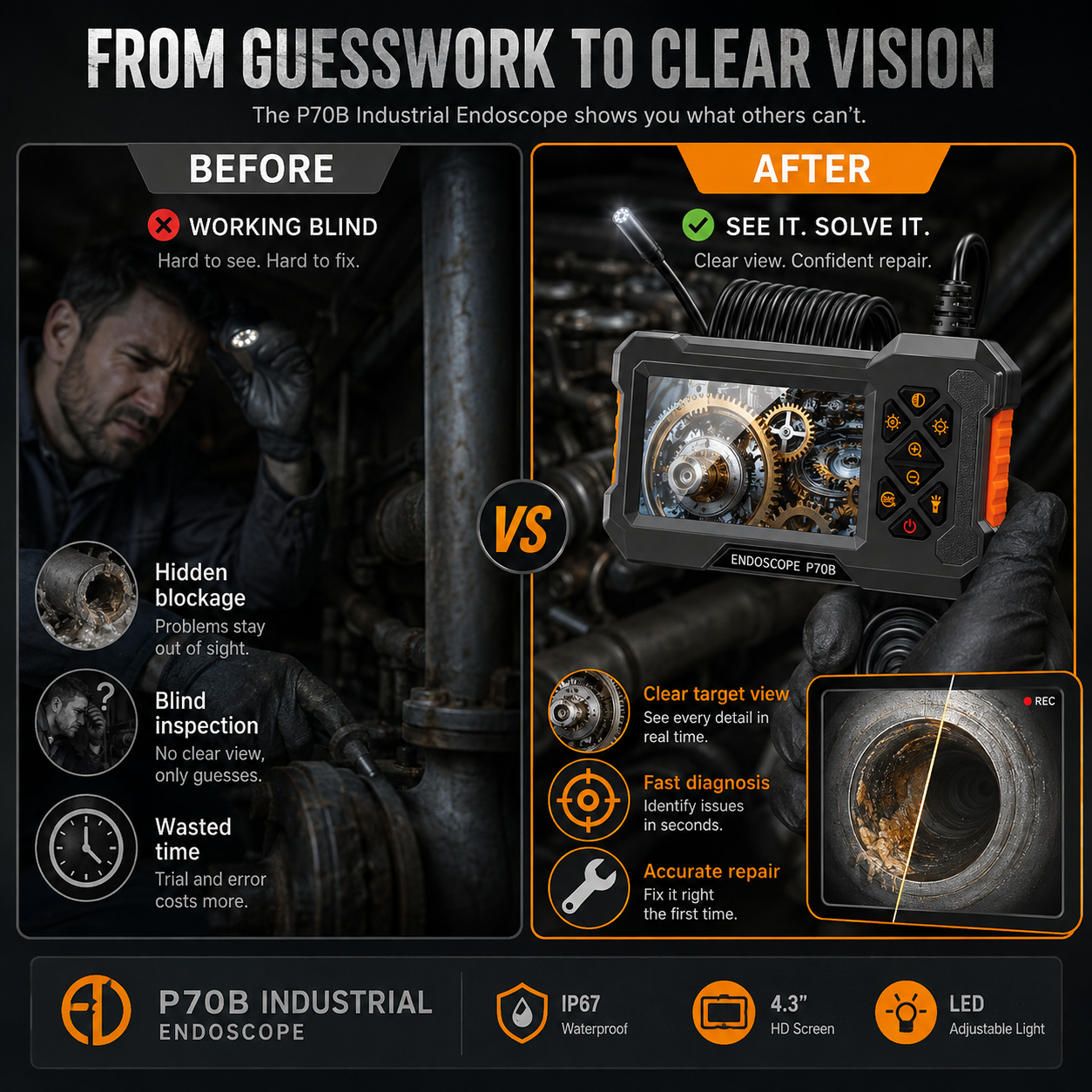 Waterproof & Handheld HD Industrial Endoscope