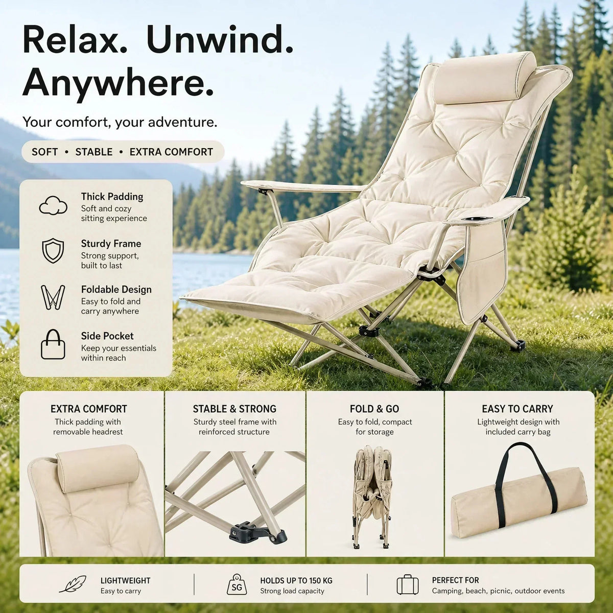 🏕️ 50 % DE RÉDUCTION MAINTENANT ! Chaise longue pliante pour extérieur en structure légère – Détente et transport 2 en 1, pour plage, camping, festival et jardin