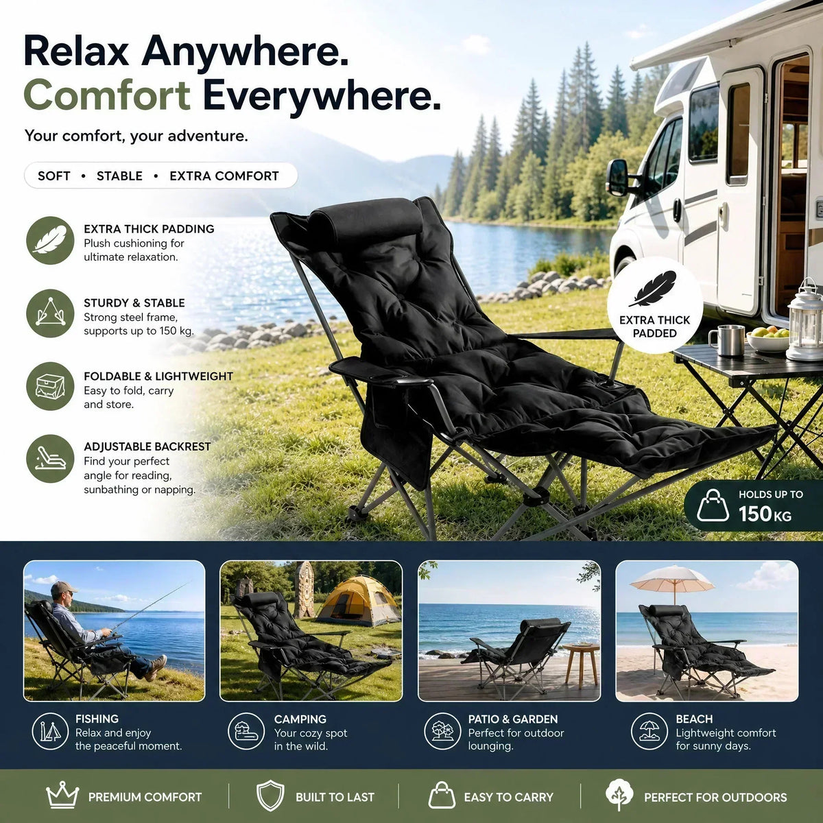 🏕️ 50 % DE RÉDUCTION MAINTENANT ! Chaise longue pliante pour extérieur en structure légère – Détente et transport 2 en 1, pour plage, camping, festival et jardin