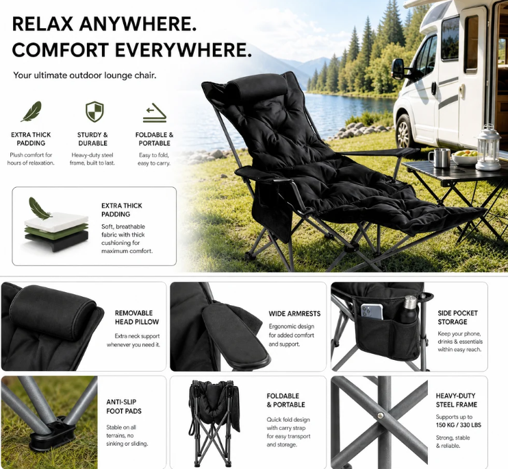 🏕️ 50 % DE RÉDUCTION MAINTENANT ! Chaise longue pliante pour extérieur en structure légère – Détente et transport 2 en 1, pour plage, camping, festival et jardin