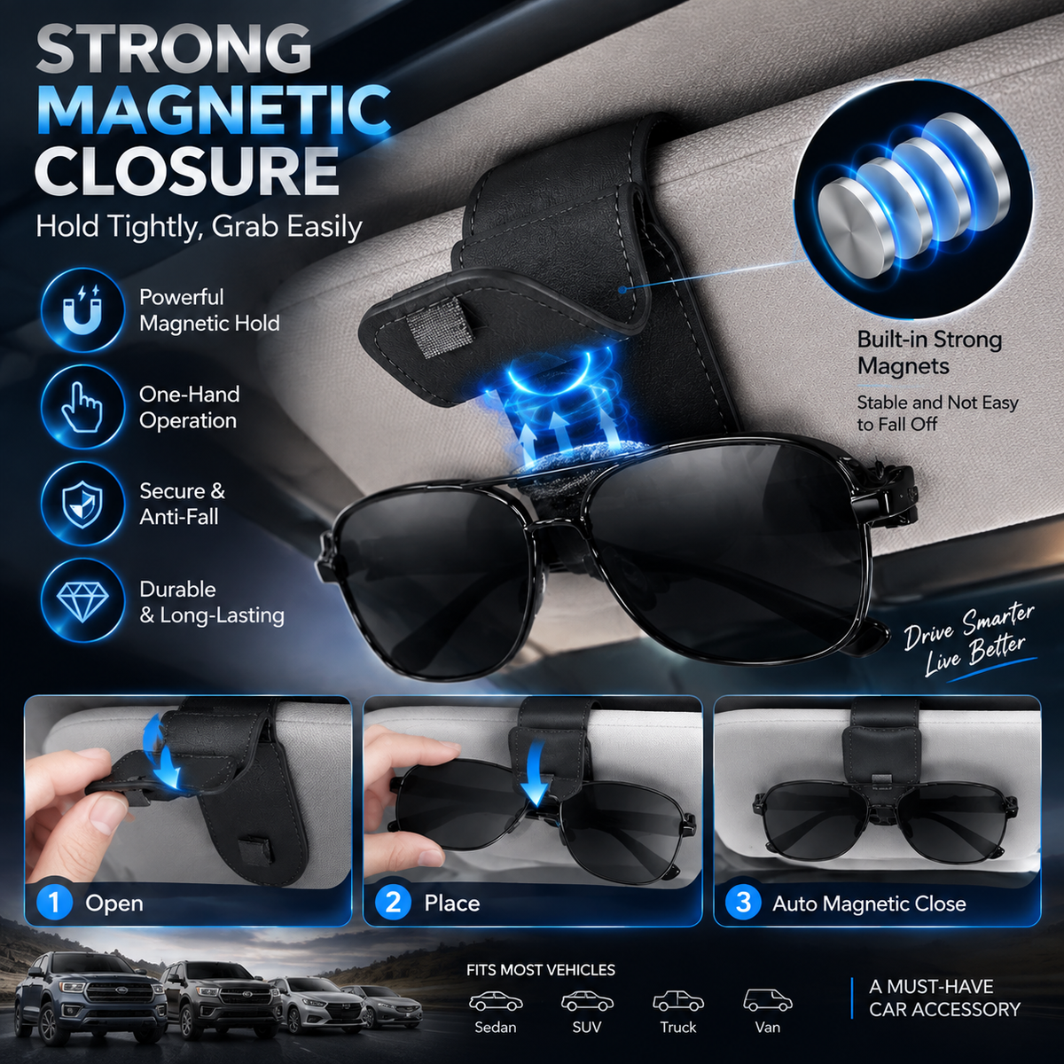 🕶️ 50 % DE RÉDUCTION MAINTENANT ! Support magnétique pour lunettes de soleil en voiture – Fixation et rangement 2 en 1, se fixe au pare-soleil ou au tableau de bord, garde vos lunettes à portée de main
