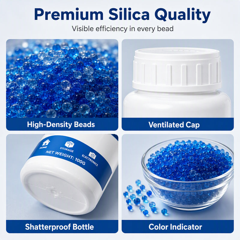 💧🛡️ 50 % DE RÉDUCTION ! Perles absorbantes à base de silice – absorption rapide de l'humidité, inodores et sans danger. Flacon compact de 100 g pour les placards, les appareils électroniques et les espaces de rangement ! 🏠✅