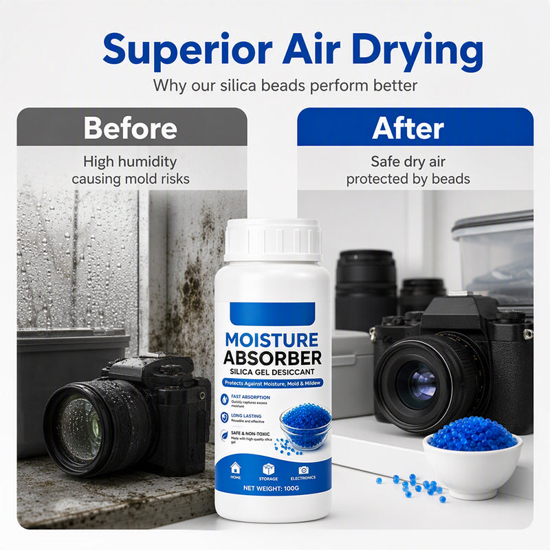 💧🛡️ 50 % DE RÉDUCTION ! Perles absorbantes à base de silice – absorption rapide de l'humidité, inodores et sans danger. Flacon compact de 100 g pour les placards, les appareils électroniques et les espaces de rangement ! 🏠✅